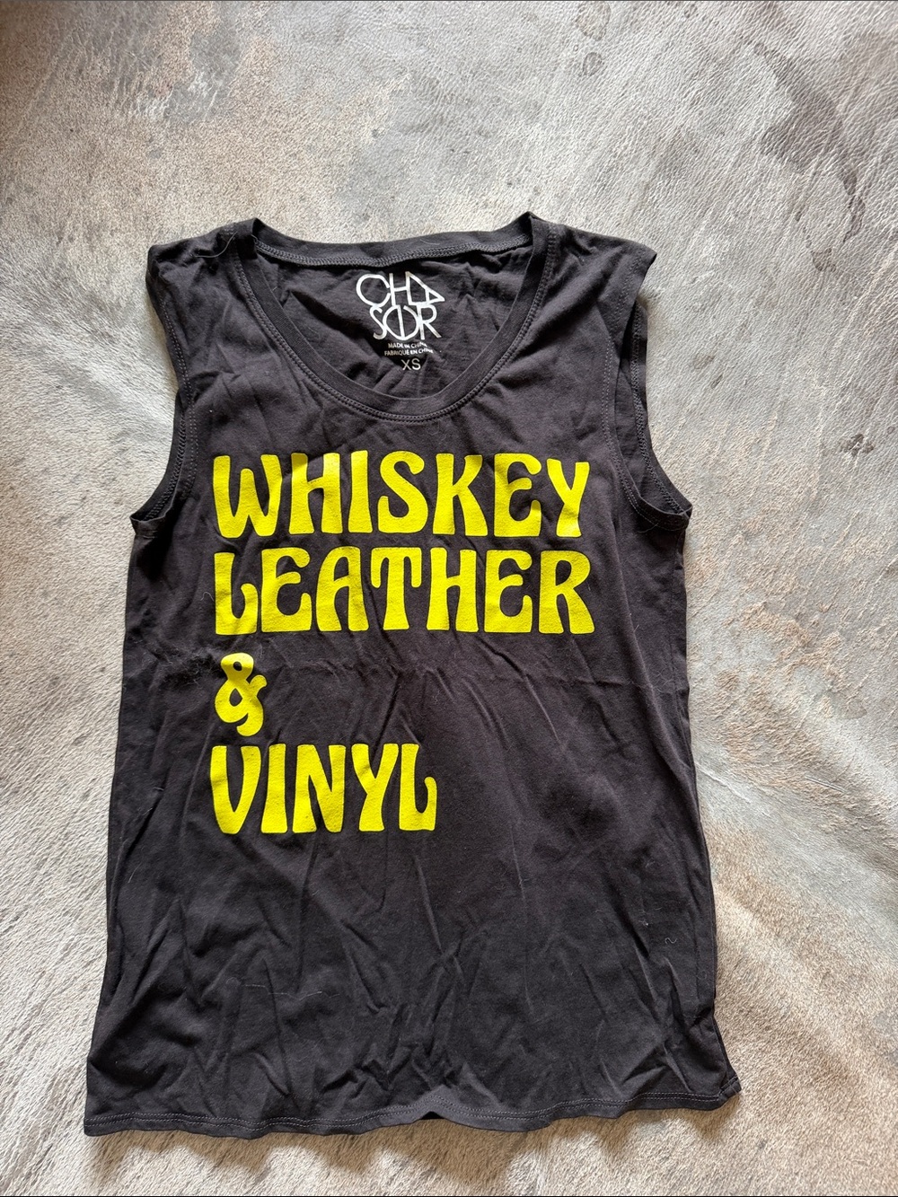 Chaser Black Graphic Tank with Yellow "Whiskey Leather & Vinyl" Print
